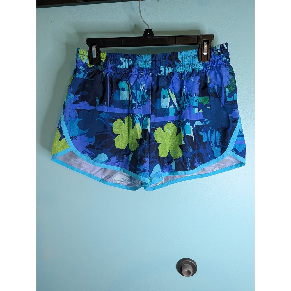 Danskin Now Womens Blue Green Tropical Floral Running Shorts Large 12-14